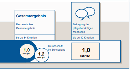 Diagramm zur Bewertung von Leistungen mit verschiedenen Kategorien und Bewertungen. Das Gesamtergebnis und die Befragung zeigen eine 1,0
